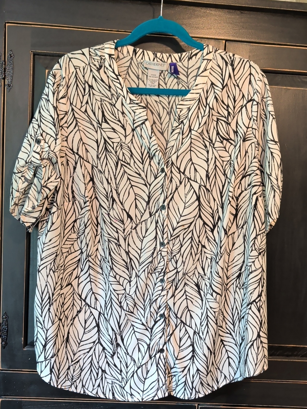 Catherines Black & White Leaf-Print Button Front Shirt *Petite*